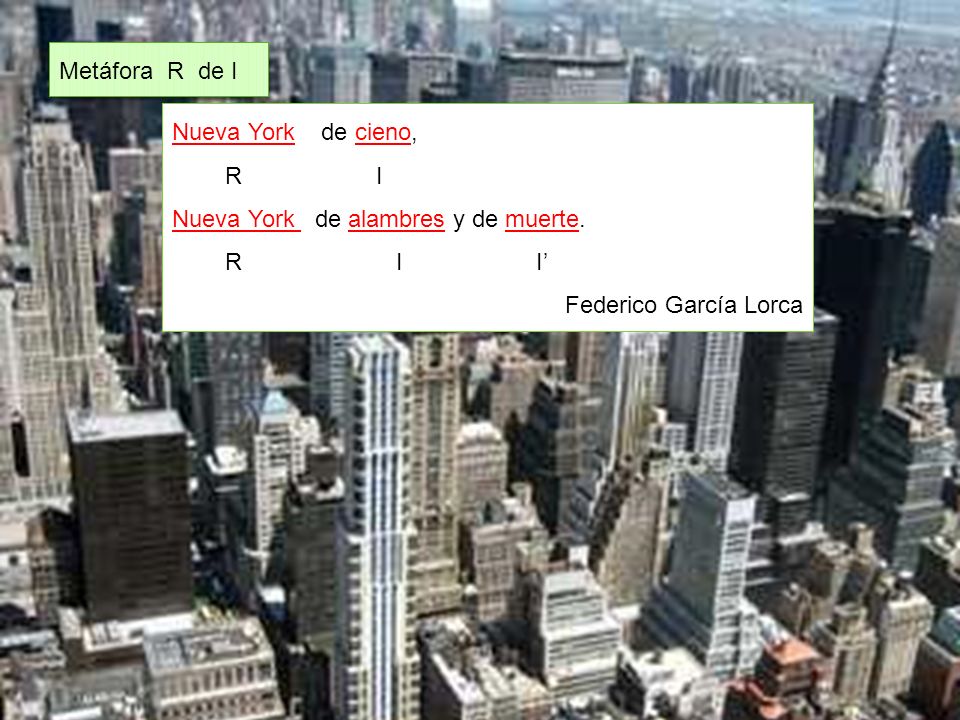 Metáfora R de I Nueva York de cieno, R I. Nueva York de alambres y de muerte.