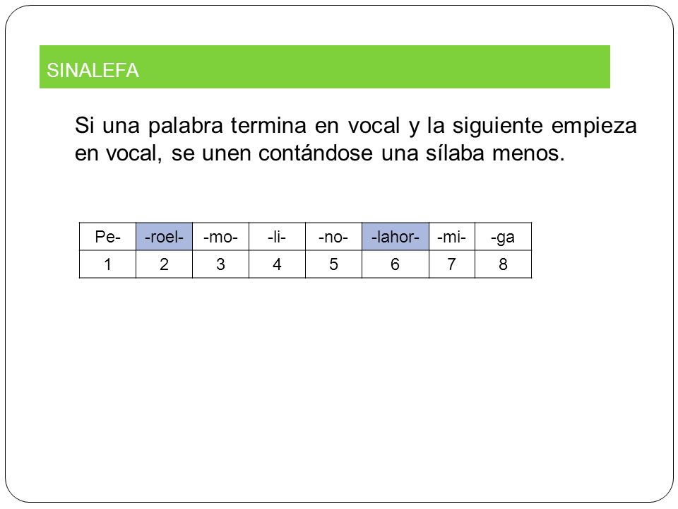 SINALEFA Si una palabra termina en vocal y la siguiente empieza en vocal, se unen contándose una sílaba menos.