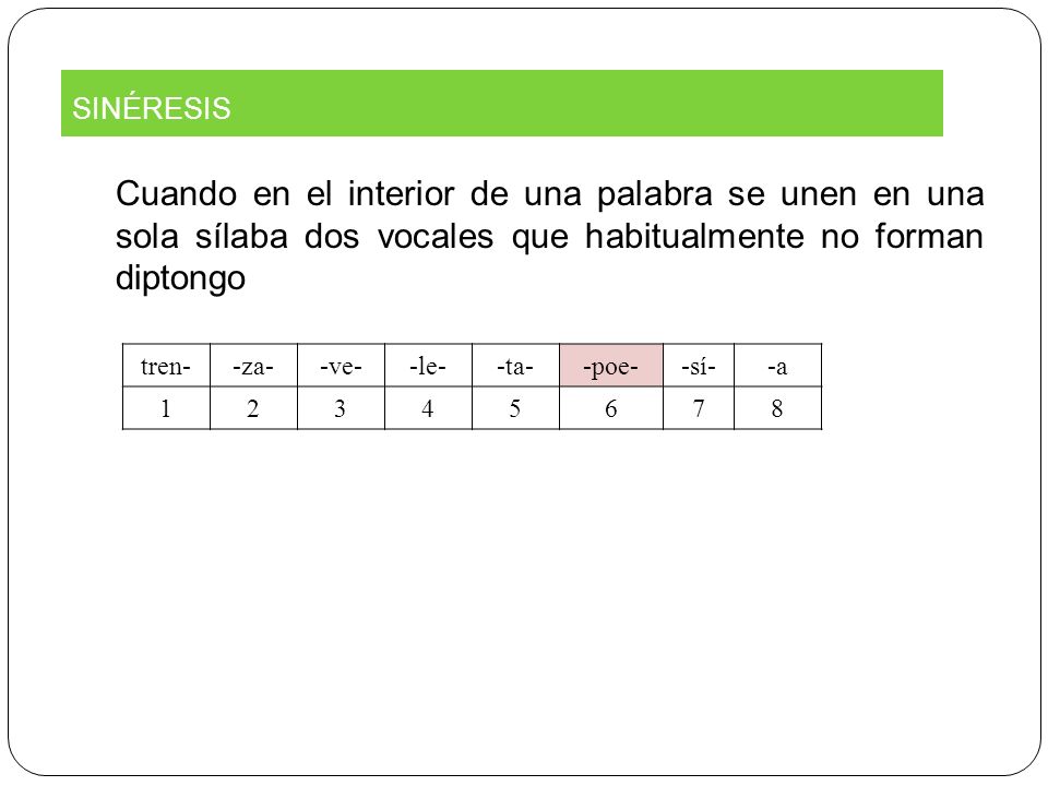 SINÉRESIS Cuando en el interior de una palabra se unen en una sola sílaba dos vocales que habitualmente no forman diptongo.