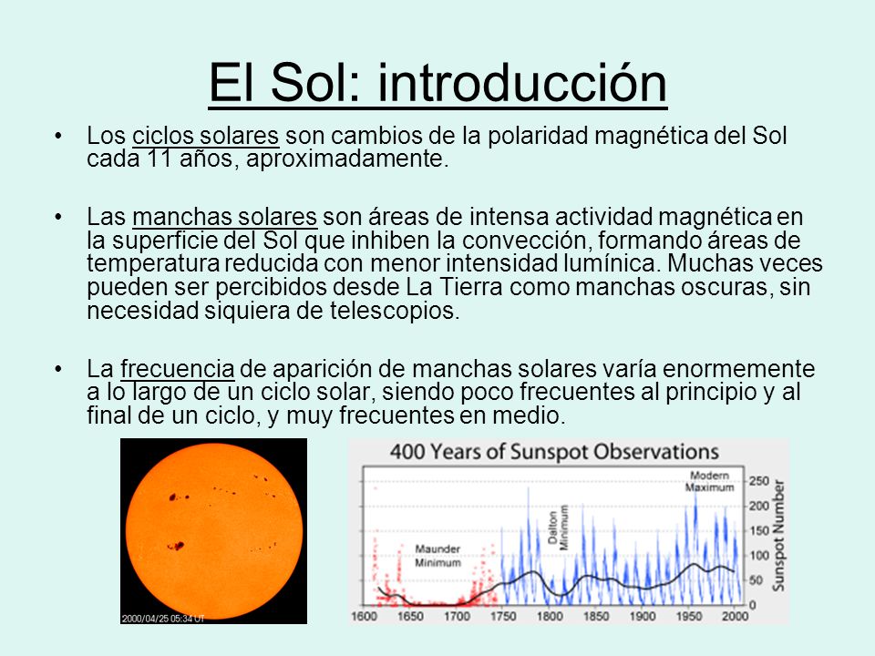El Sol: introducción Los ciclos solares son cambios de la polaridad magnética del Sol cada 11 años, aproximadamente.