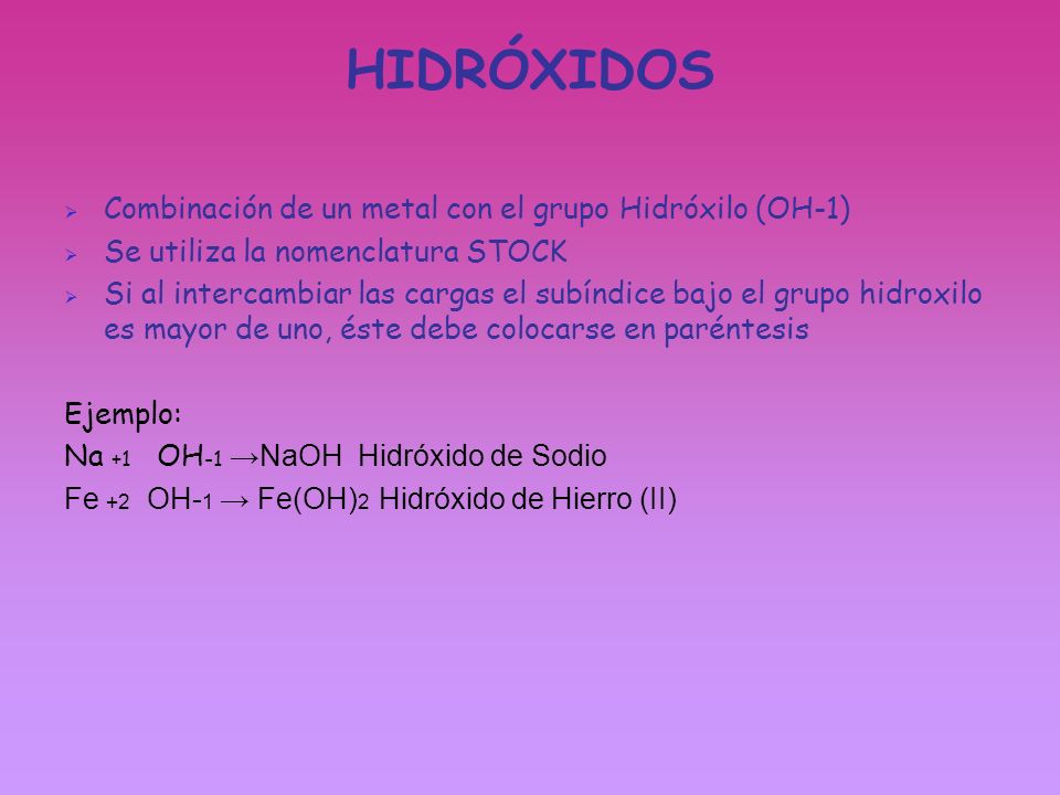 HIDRÓXIDOS Combinación de un metal con el grupo Hidróxilo (OH-1)