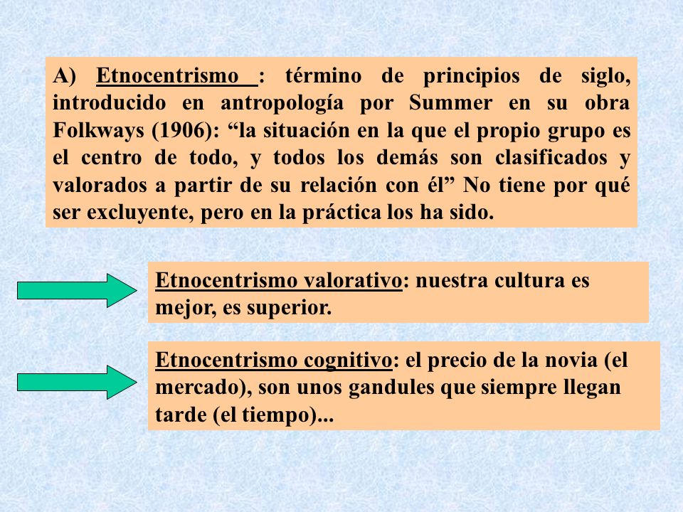 A) Etnocentrismo : término de principios de siglo, introducido en antropología por Summer en su obra Folkways (1906): la situación en la que el propio grupo es el centro de todo, y todos los demás son clasificados y valorados a partir de su relación con él No tiene por qué ser excluyente, pero en la práctica los ha sido.