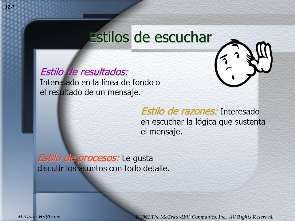 12-7 Estilos de escuchar. Estilo de resultados: Interesado en la línea de fondo o el resultado de un mensaje.