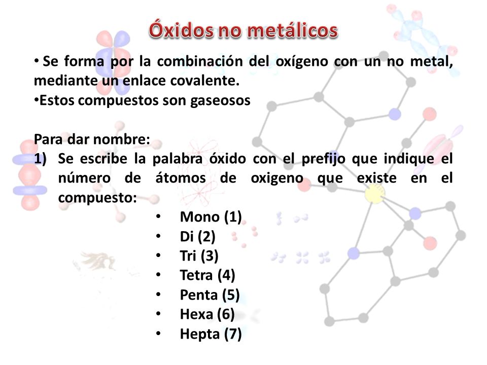 Óxidos no metálicos Se forma por la combinación del oxígeno con un no metal, mediante un enlace covalente.