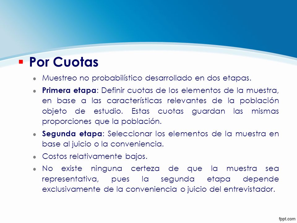 Por Cuotas Muestreo no probabilístico desarrollado en dos etapas.