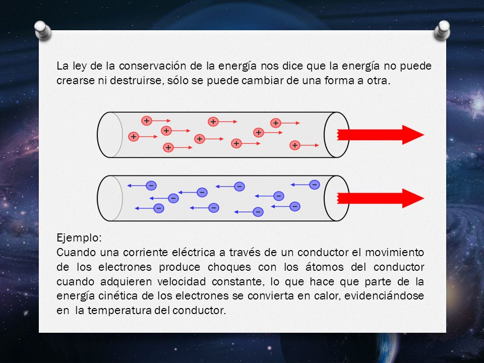 La ley de la conservación de la energía nos dice que la energía no puede crearse ni destruirse, sólo se puede cambiar de una forma a otra.