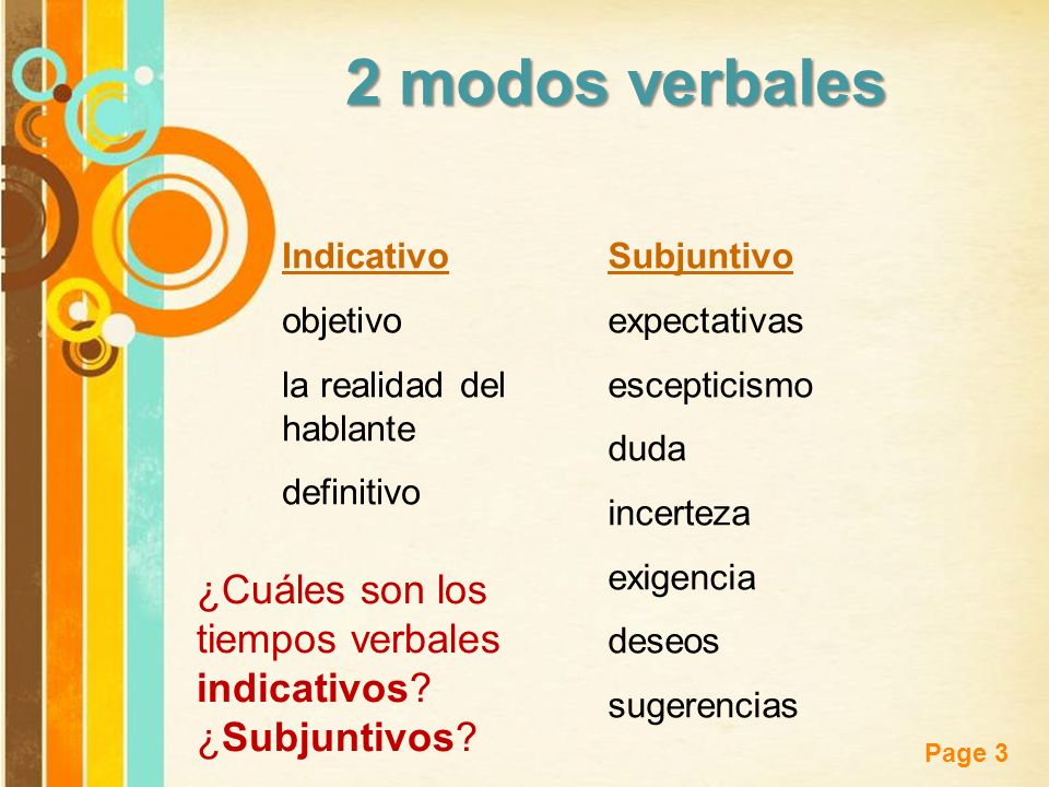 2 modos verbales Indicativo. objetivo. la realidad del hablante. definitivo. Subjuntivo. expectativas.