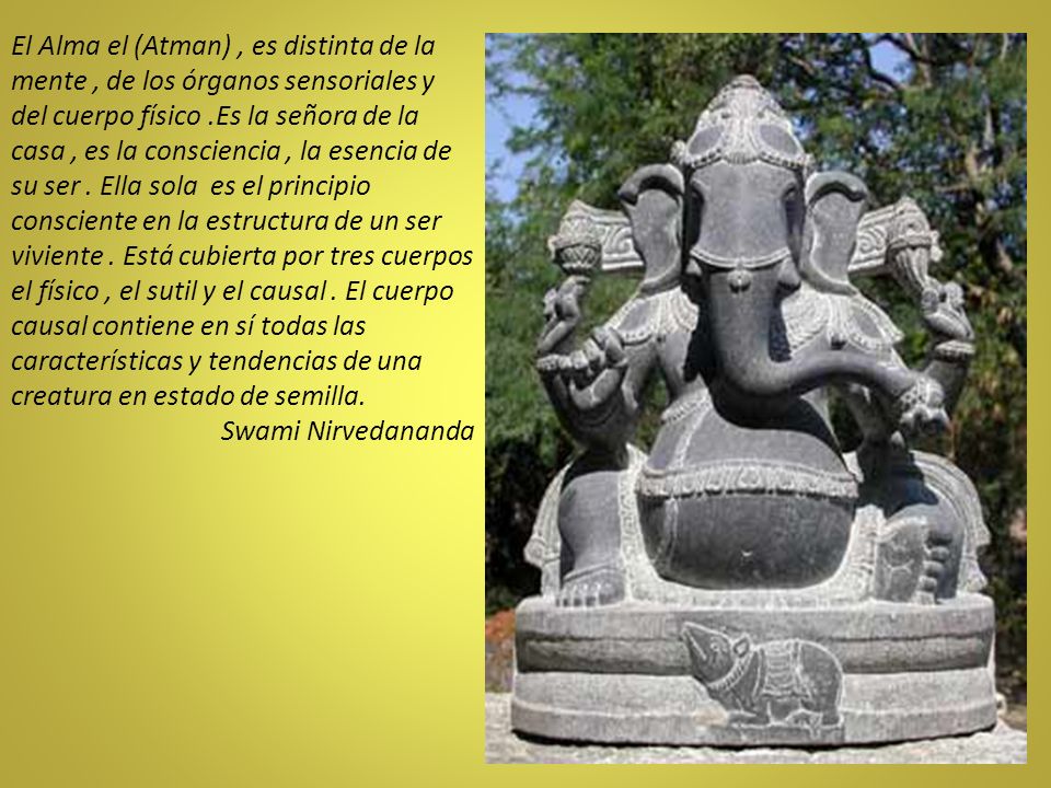 El Alma el (Atman) , es distinta de la mente , de los órganos sensoriales y del cuerpo físico .Es la señora de la casa , es la consciencia , la esencia de su ser .