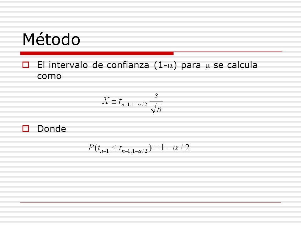 Método El intervalo de confianza (1-a) para m se calcula como Donde