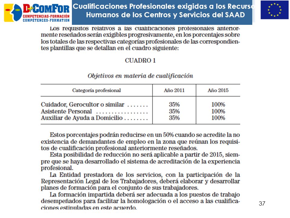 Cualificaciones Profesionales exigidas a los Recursos Humanos de los Centros y Servicios del SAAD