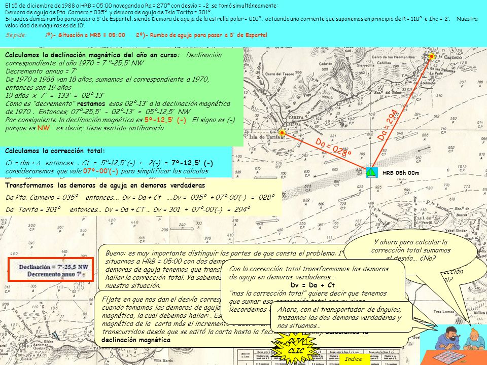 El 15 de diciembre de 1988 a HRB = 05:00 navegando a Ra = 270º con desvío = -2 se tomó simultáneamente: