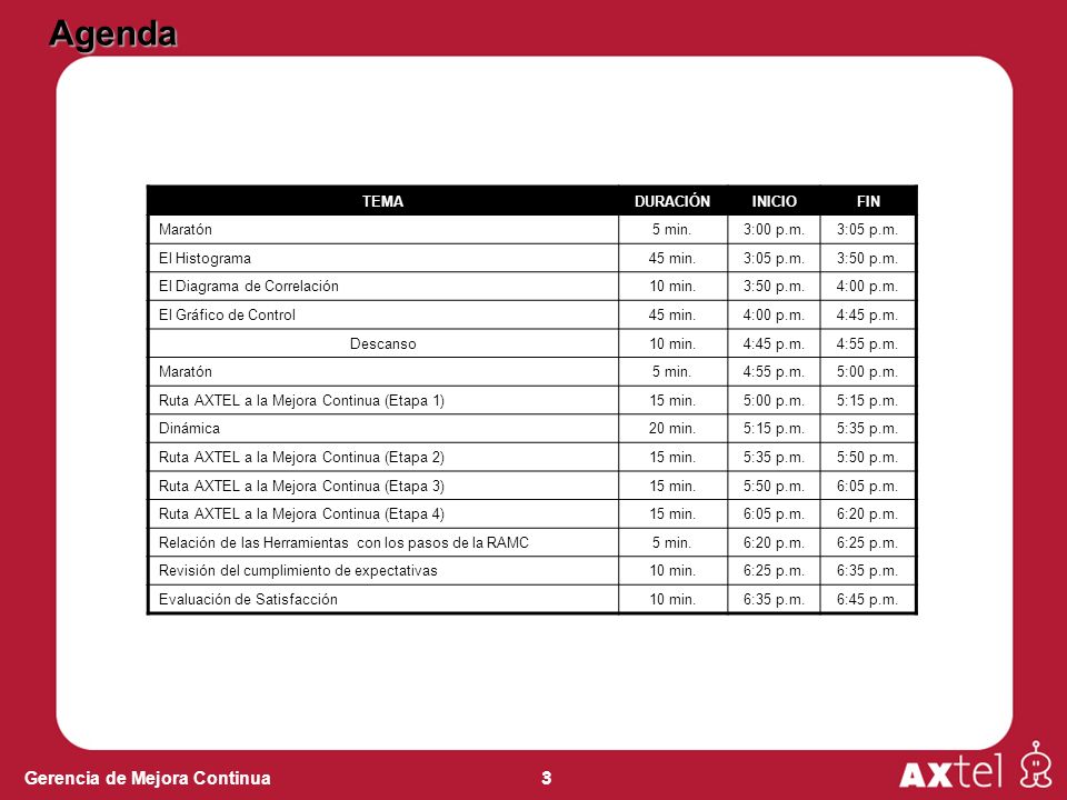 Agenda TEMA DURACIÓN INICIO FIN Maratón 5 min. 3:00 p.m. 3:05 p.m.