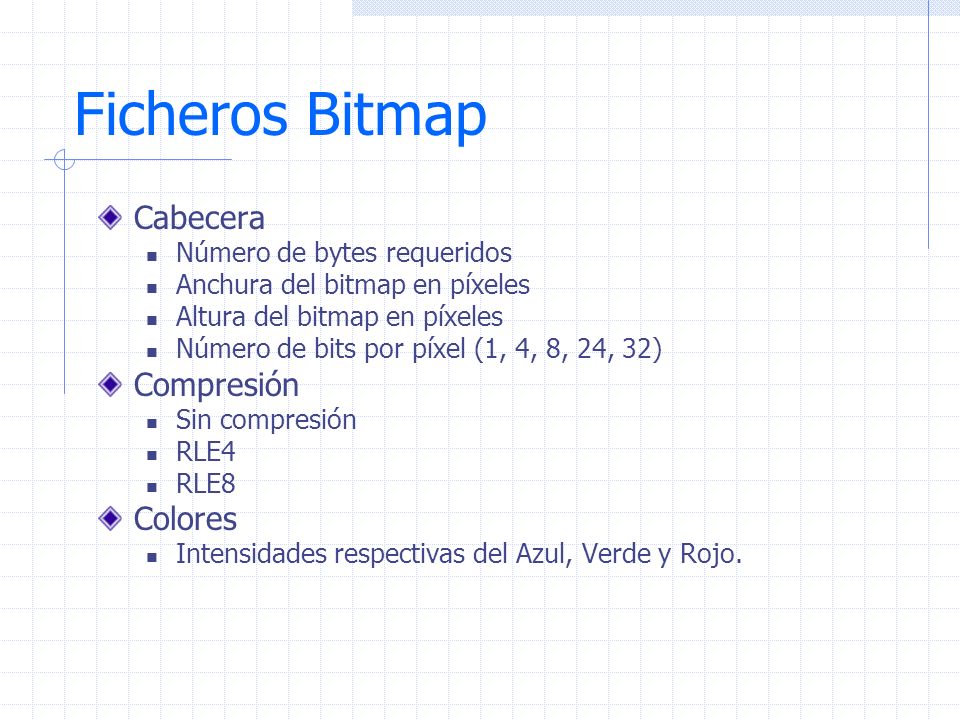Ficheros Bitmap Cabecera Compresión Colores Número de bytes requeridos