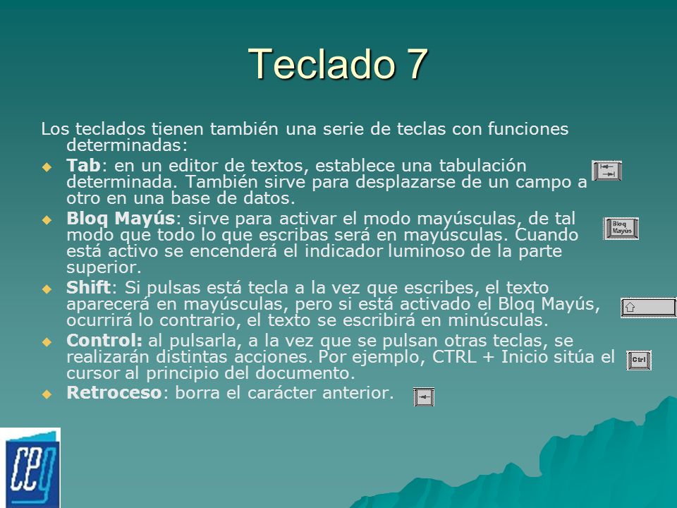 Teclado 7 Los teclados tienen también una serie de teclas con funciones determinadas: