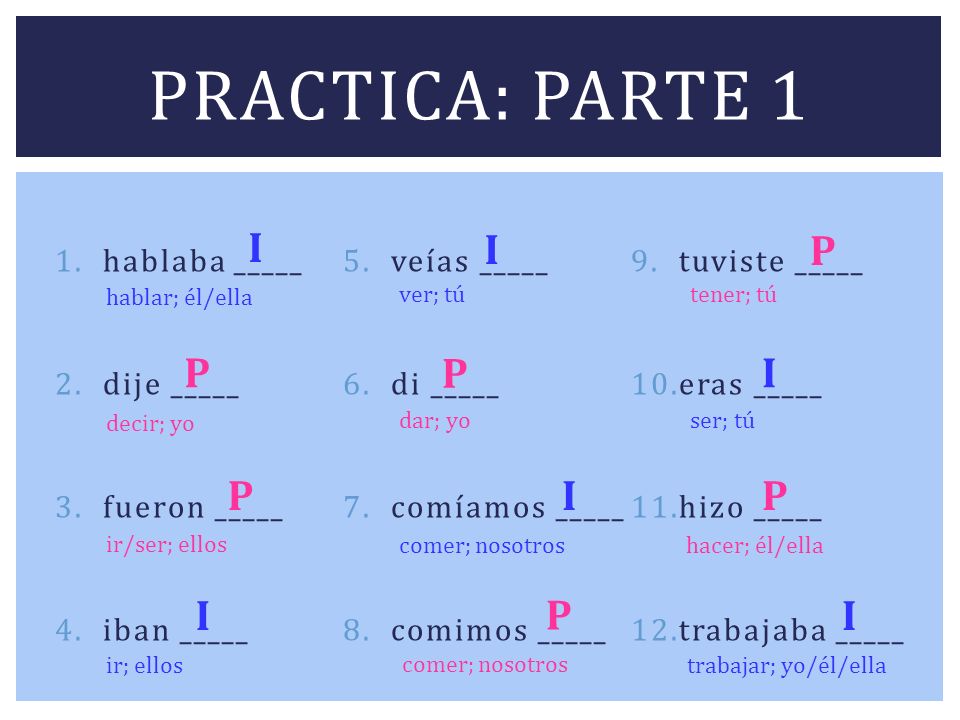 Practica: parte 1 I I P P P I P I P I P I hablaba _____ veías _____