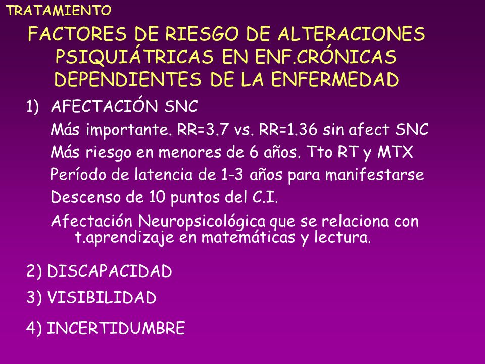 TRATAMIENTO FACTORES DE RIESGO DE ALTERACIONES PSIQUIÁTRICAS EN ENF.CRÓNICAS DEPENDIENTES DE LA ENFERMEDAD.
