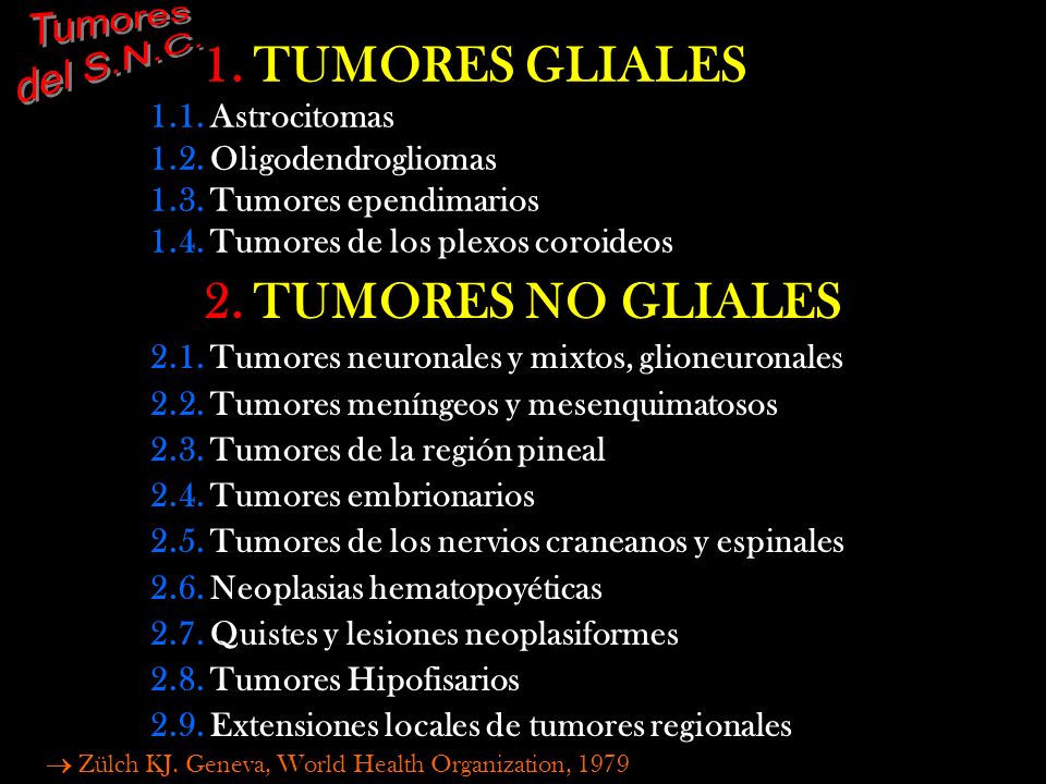 Tumores del S.N.C. 1. TUMORES GLIALES 1.1. Astrocitomas 1.2. Oligodendrogliomas 1.3. Tumores ependimarios 1.4. Tumores de los plexos coroideos.