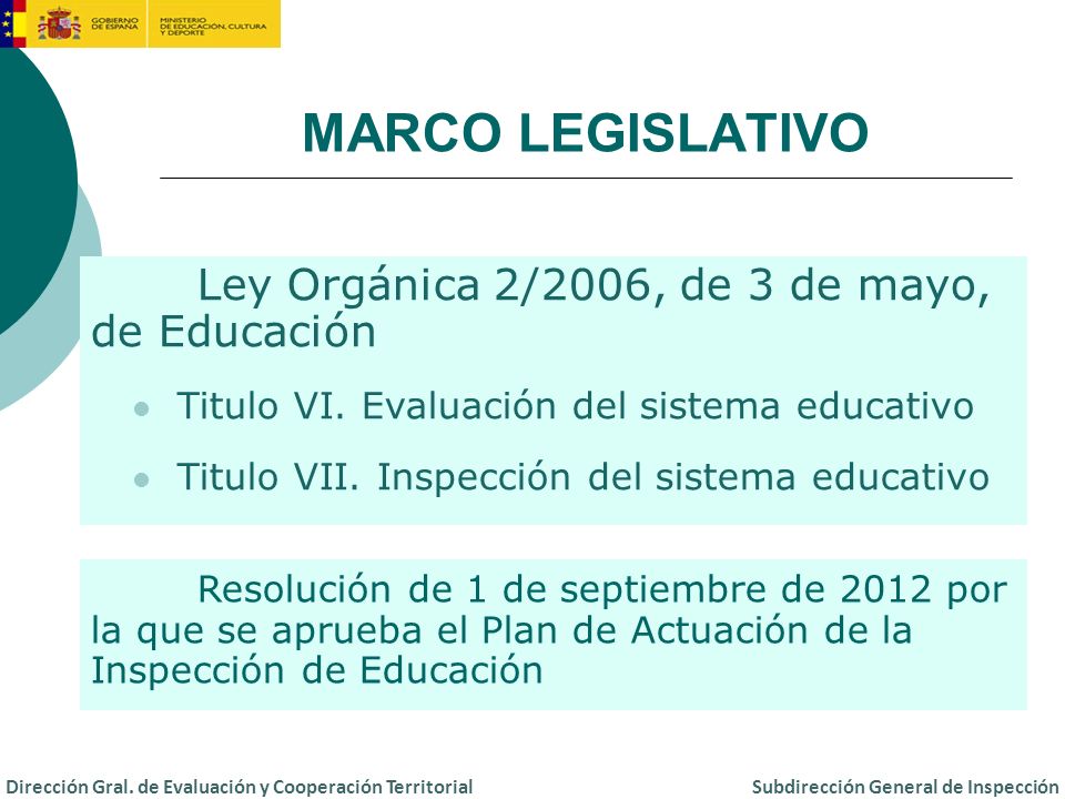 MARCO LEGISLATIVO Ley Orgánica 2/2006, de 3 de mayo, de Educación