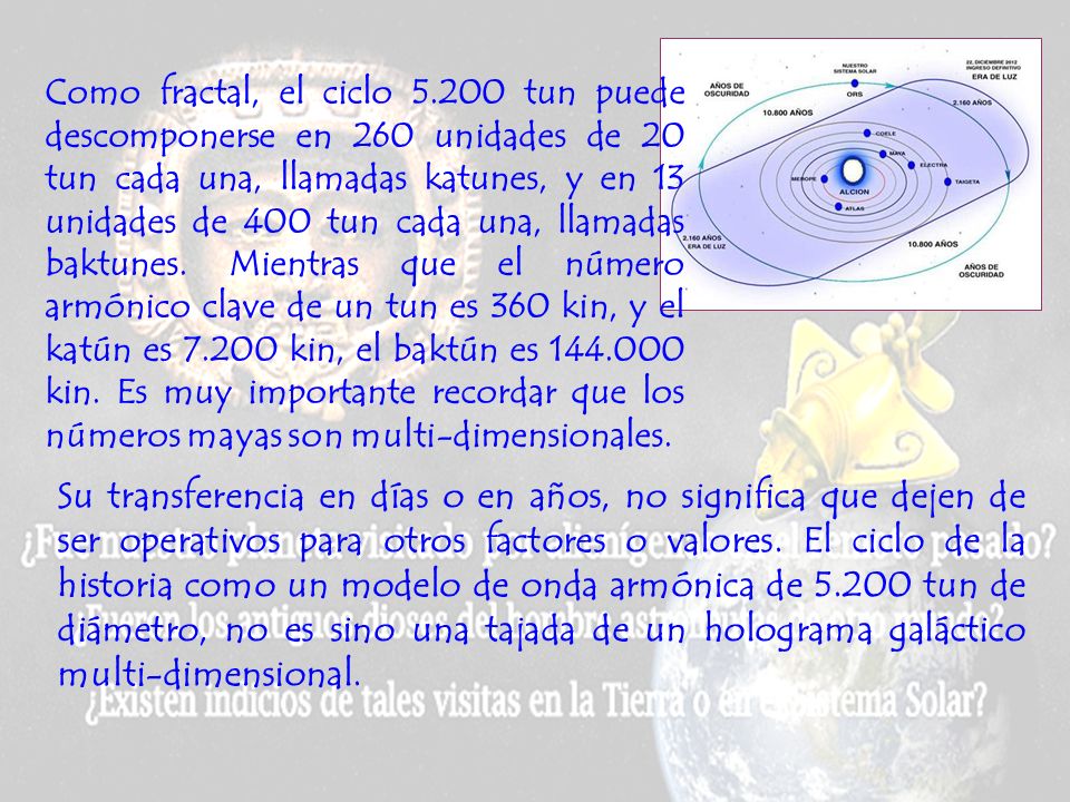 Como fractal, el ciclo tun puede descomponerse en 260 unidades de 20 tun cada una, llamadas katunes, y en 13 unidades de 400 tun cada una, llamadas baktunes. Mientras que el número armónico clave de un tun es 360 kin, y el katún es kin, el baktún es kin. Es muy importante recordar que los números mayas son multi-dimensionales.