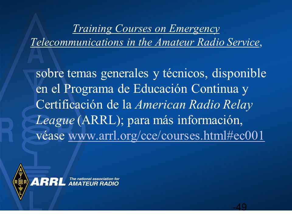 Training Courses on Emergency Telecommunications in the Amateur Radio Service,