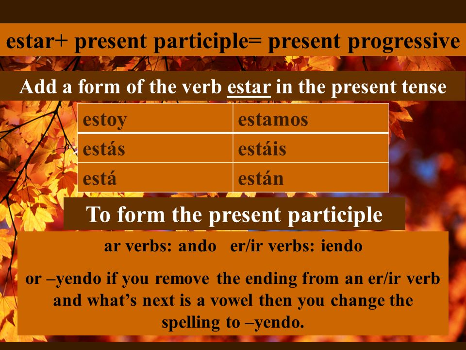 estar+ present participle= present progressive