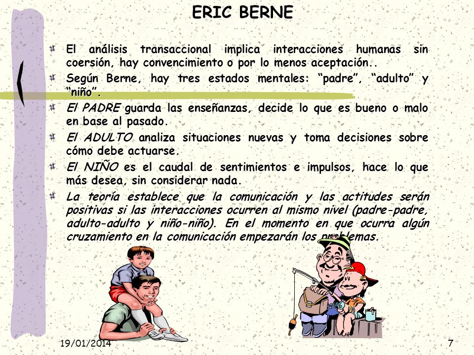 ERIC BERNE El análisis transaccional implica interacciones humanas sin coersión, hay convencimiento o por lo menos aceptación..