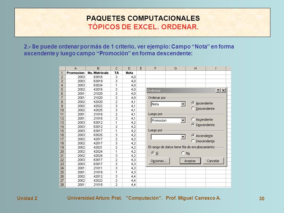 PAQUETES COMPUTACIONALES TÓPICOS DE EXCEL. ORDENAR.