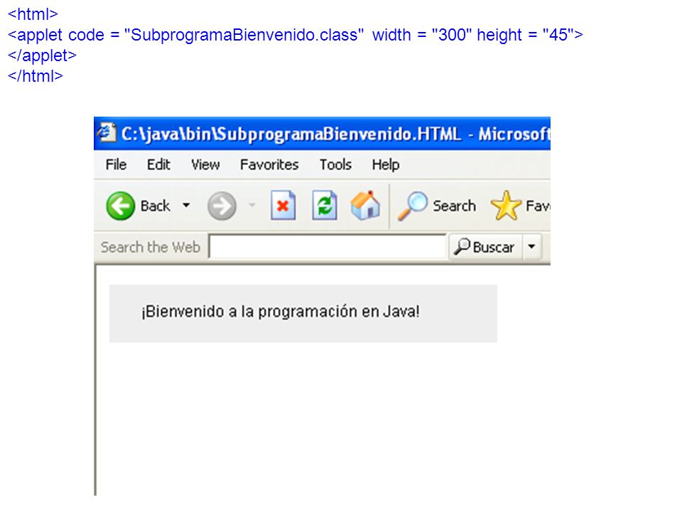 <html> <applet code = SubprogramaBienvenido.class width = 300 height = 45 > </applet> </html>