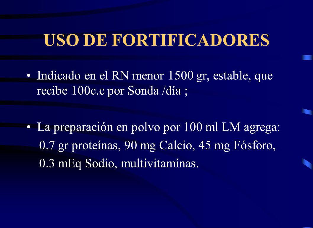 USO DE FORTIFICADORES Indicado en el RN menor 1500 gr, estable, que recibe 100c.c por Sonda /día ; La preparación en polvo por 100 ml LM agrega: