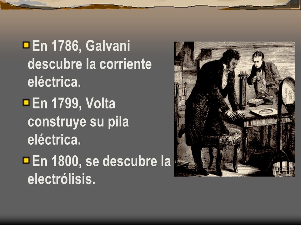 En 1786, Galvani descubre la corriente eléctrica.
