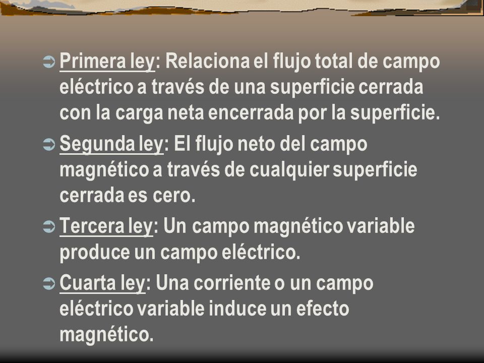 Primera ley: Relaciona el flujo total de campo eléctrico a través de una superficie cerrada con la carga neta encerrada por la superficie.
