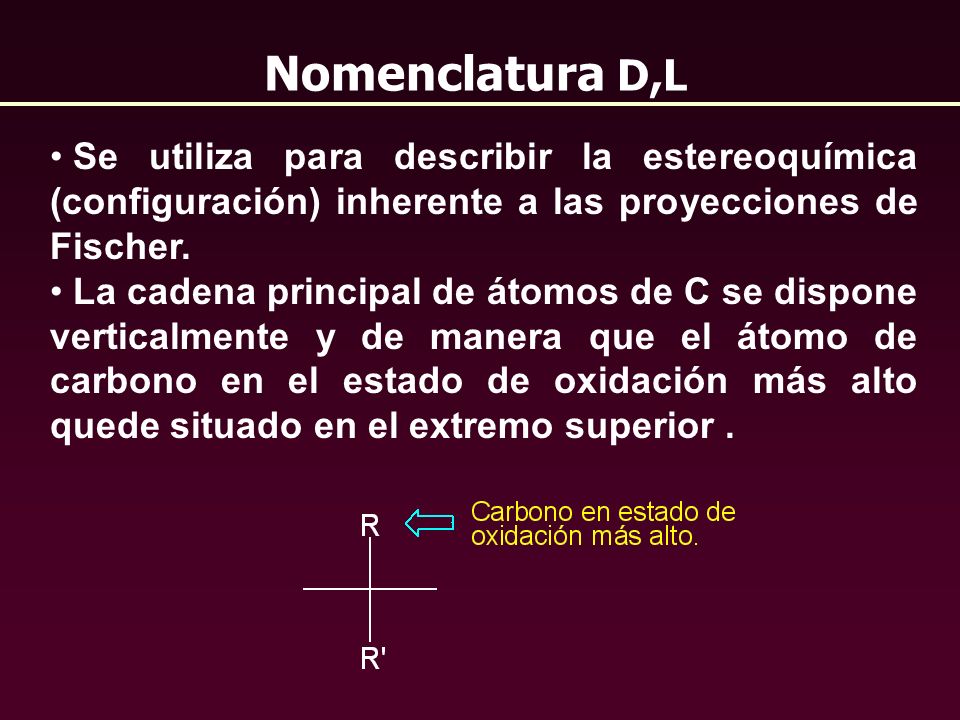 Nomenclatura D,L Se utiliza para describir la estereoquímica (configuración) inherente a las proyecciones de Fischer.
