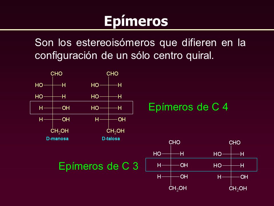 Epímeros Son los estereoisómeros que difieren en la configuración de un sólo centro quiral. Epímeros de C 4.