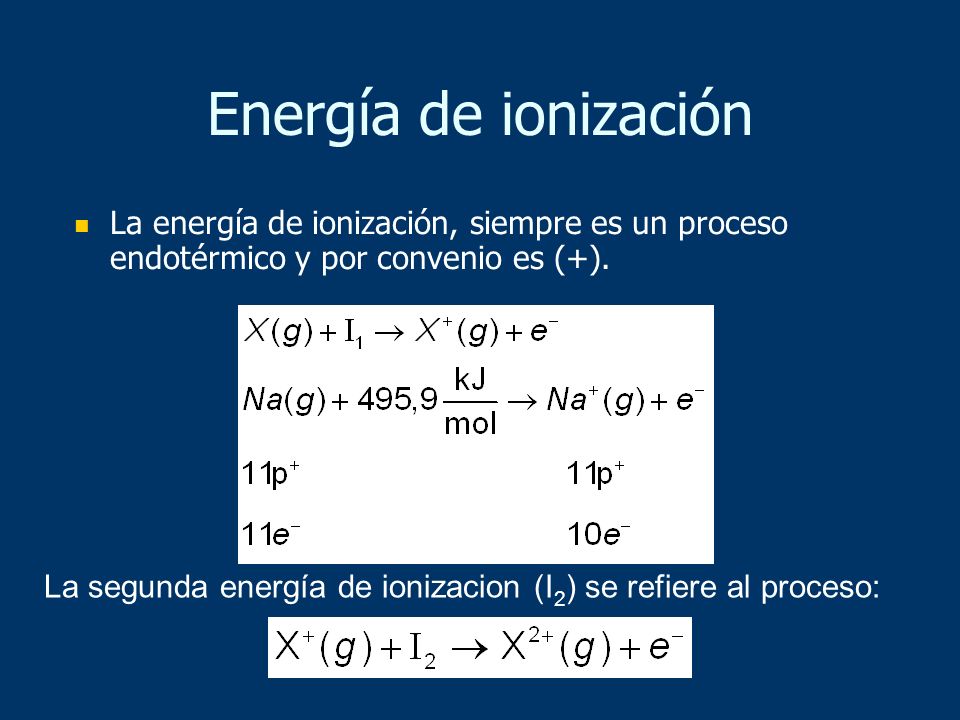 Energía de ionización La energía de ionización, siempre es un proceso endotérmico y por convenio es (+).