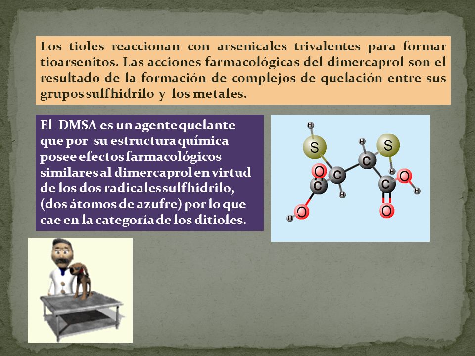 Los tioles reaccionan con arsenicales trivalentes para formar tioarsenitos. Las acciones farmacológicas del dimercaprol son el resultado de la formación de complejos de quelación entre sus grupos sulfhidrilo y los metales.