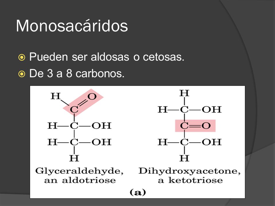 Monosacáridos Pueden ser aldosas o cetosas. De 3 a 8 carbonos.