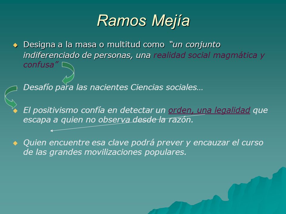 Ramos Mejía Designa a la masa o multitud como un conjunto indiferenciado de personas, una realidad social magmática y confusa