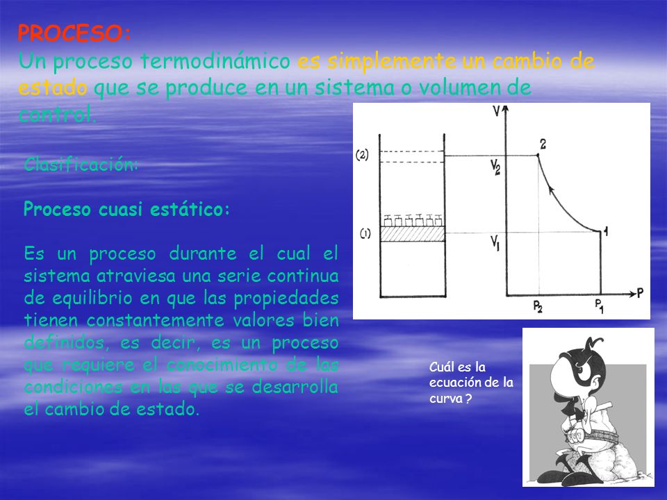 PROCESO: Un proceso termodinámico es simplemente un cambio de estado que se produce en un sistema o volumen de control.