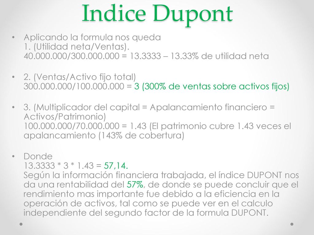 Indice Dupont Aplicando la formula nos queda 1. (Utilidad neta/Ventas) / = – 13.33% de utilidad neta.