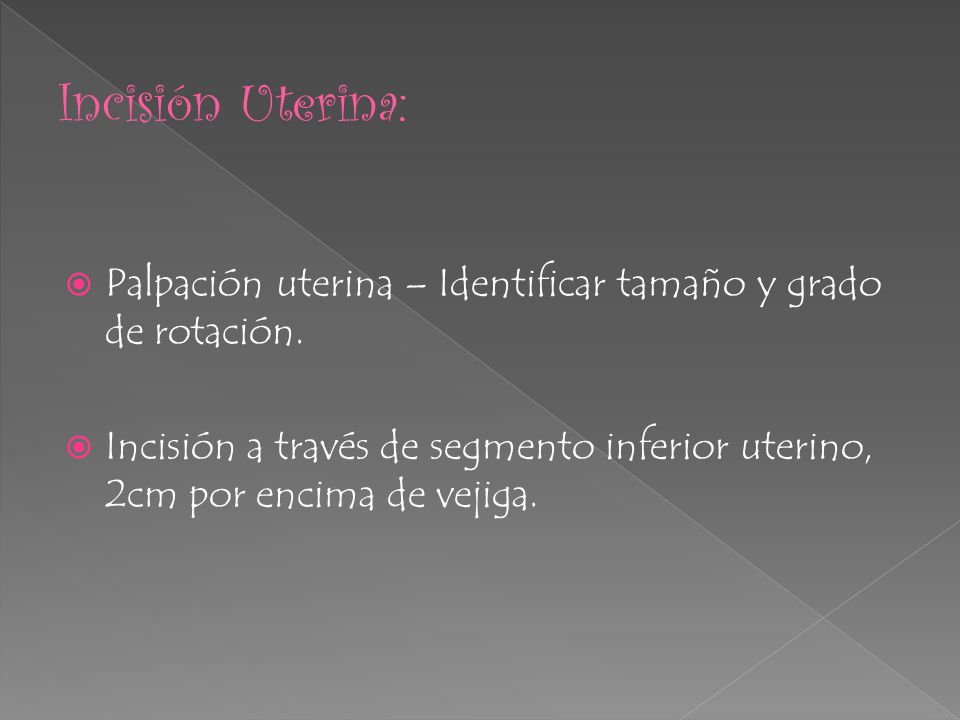 Incisión Uterina: Palpación uterina – Identificar tamaño y grado de rotación.