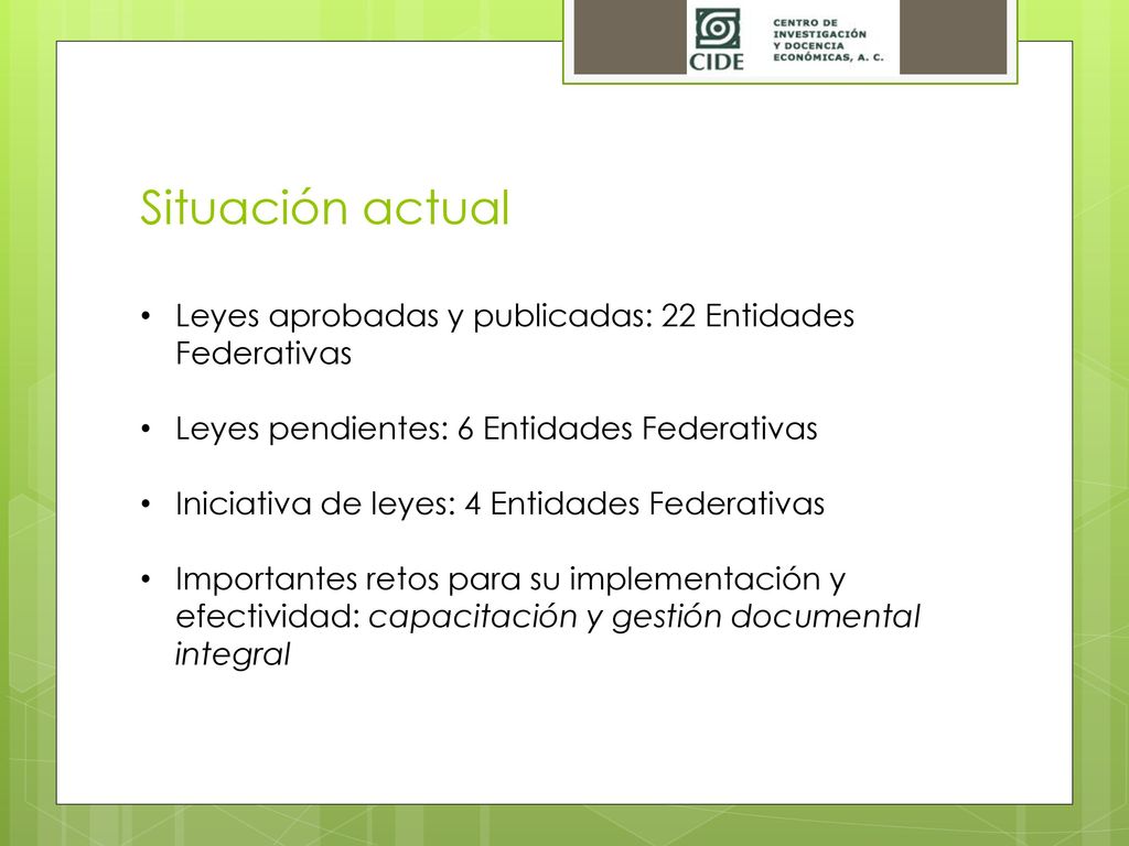 Situación actual Leyes aprobadas y publicadas: 22 Entidades Federativas. Leyes pendientes: 6 Entidades Federativas.