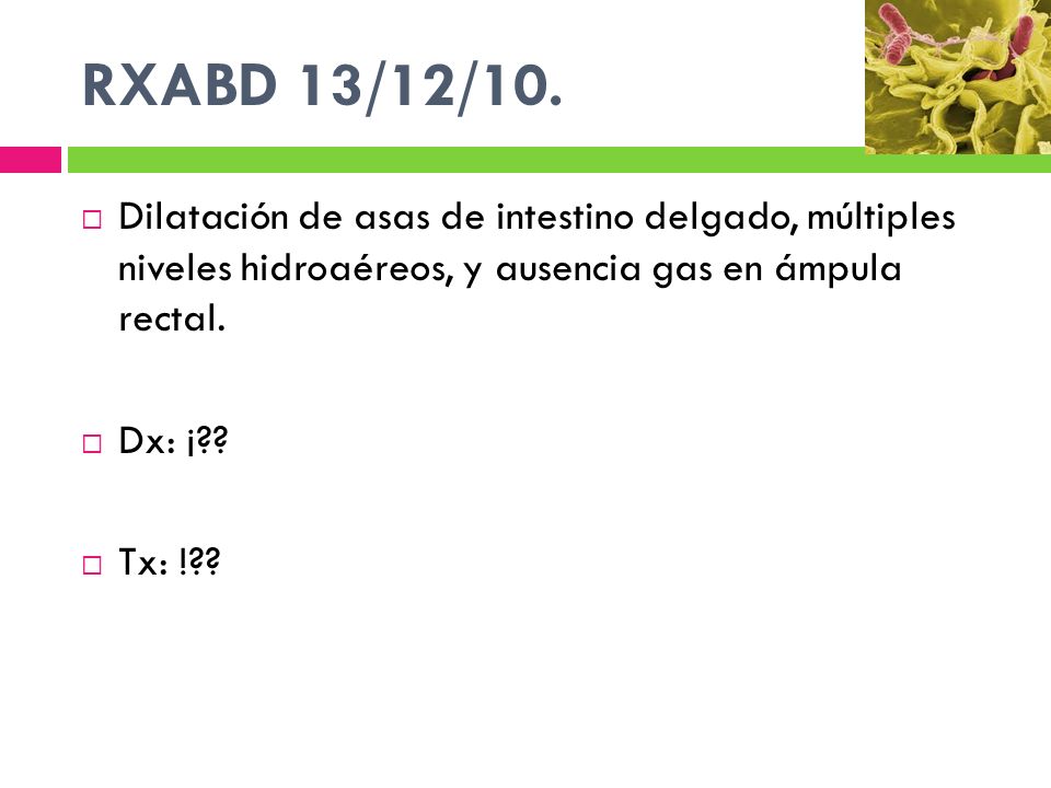 RXABD 13/12/10. Dilatación de asas de intestino delgado, múltiples niveles hidroaéreos, y ausencia gas en ámpula rectal.