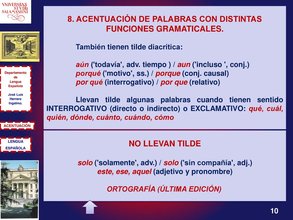 8. ACENTUACIÓN DE PALABRAS CON DISTINTAS FUNCIONES GRAMATICALES.