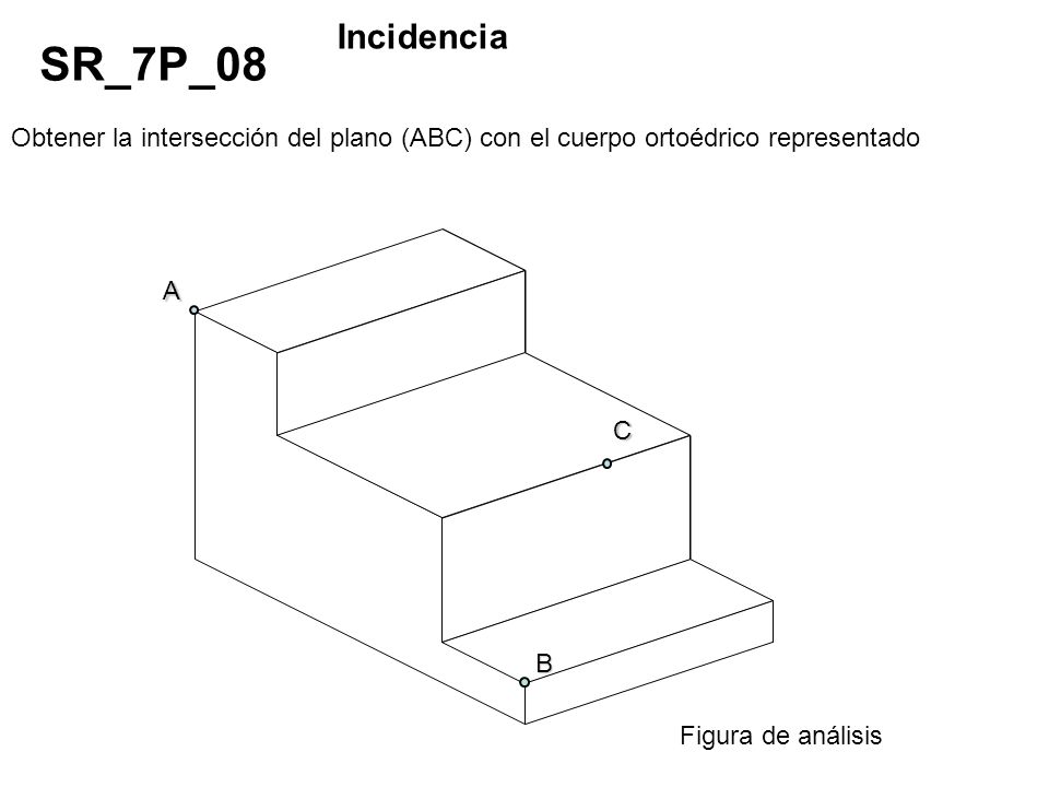 Incidencia SR_7P_08. Obtener la intersección del plano (ABC) con el cuerpo ortoédrico representado.