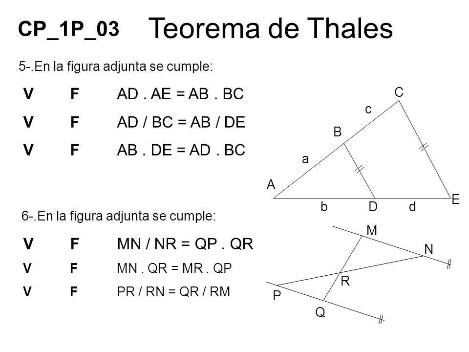 Teorema de Thales CP_1P_03 V F AD . AE = AB . BC V F AD / BC = AB / DE