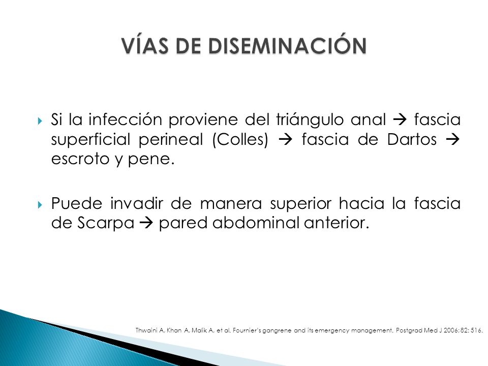 VÍAS DE DISEMINACIÓN Si la infección proviene del triángulo anal  fascia superficial perineal (Colles)  fascia de Dartos  escroto y pene.