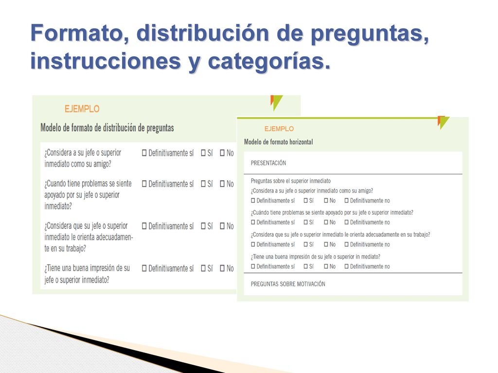 Formato, distribución de preguntas, instrucciones y categorías.