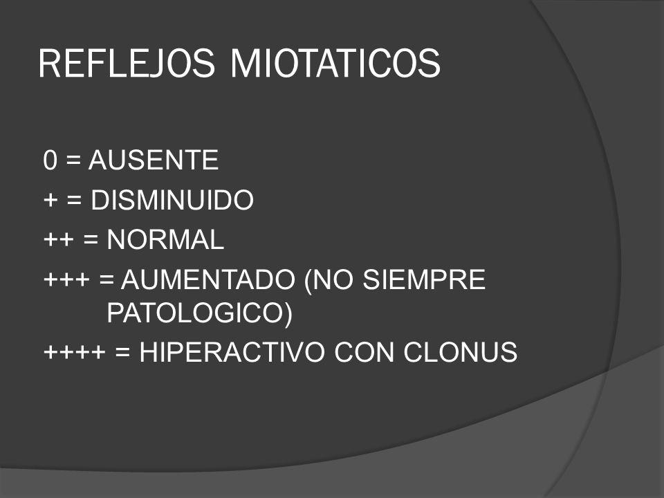 REFLEJOS MIOTATICOS 0 = AUSENTE + = DISMINUIDO ++ = NORMAL