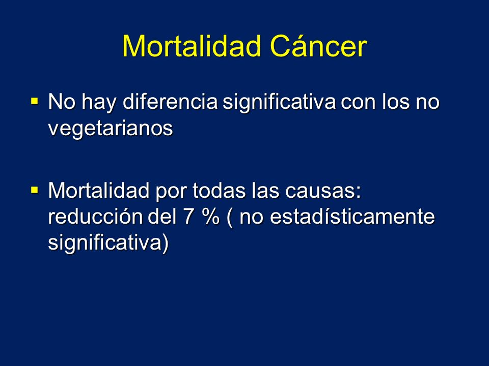 Mortalidad Cáncer No hay diferencia significativa con los no vegetarianos.