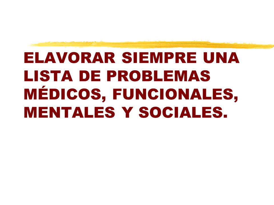 ELAVORAR SIEMPRE UNA LISTA DE PROBLEMAS MÉDICOS, FUNCIONALES, MENTALES Y SOCIALES.